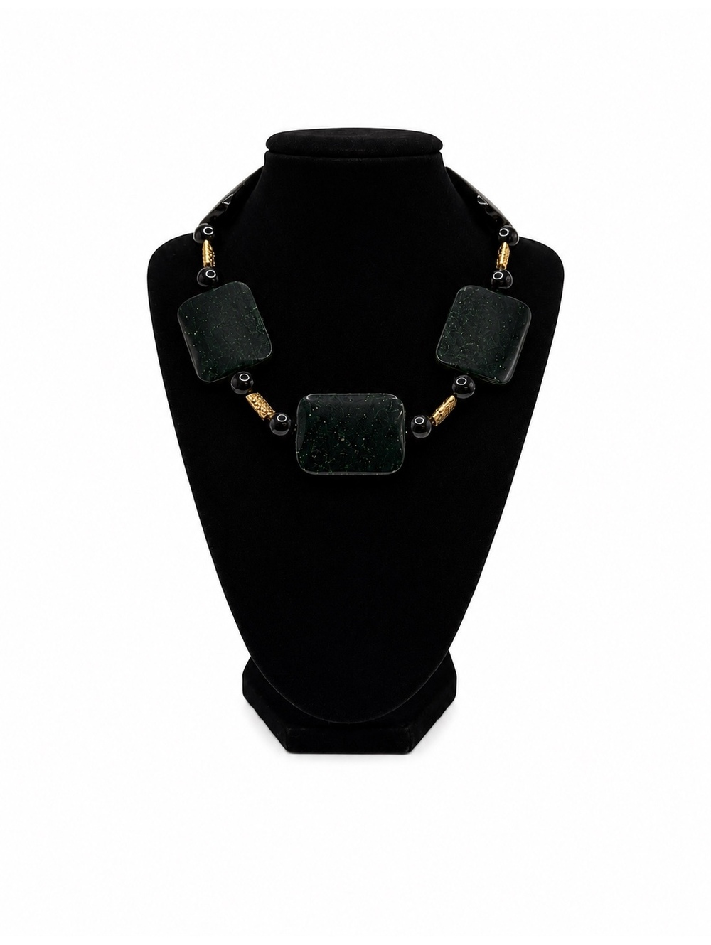 Jewelry By GG Black, Green & Gold Onyx, Goldstone & Pewter 8" Beaded Necklace